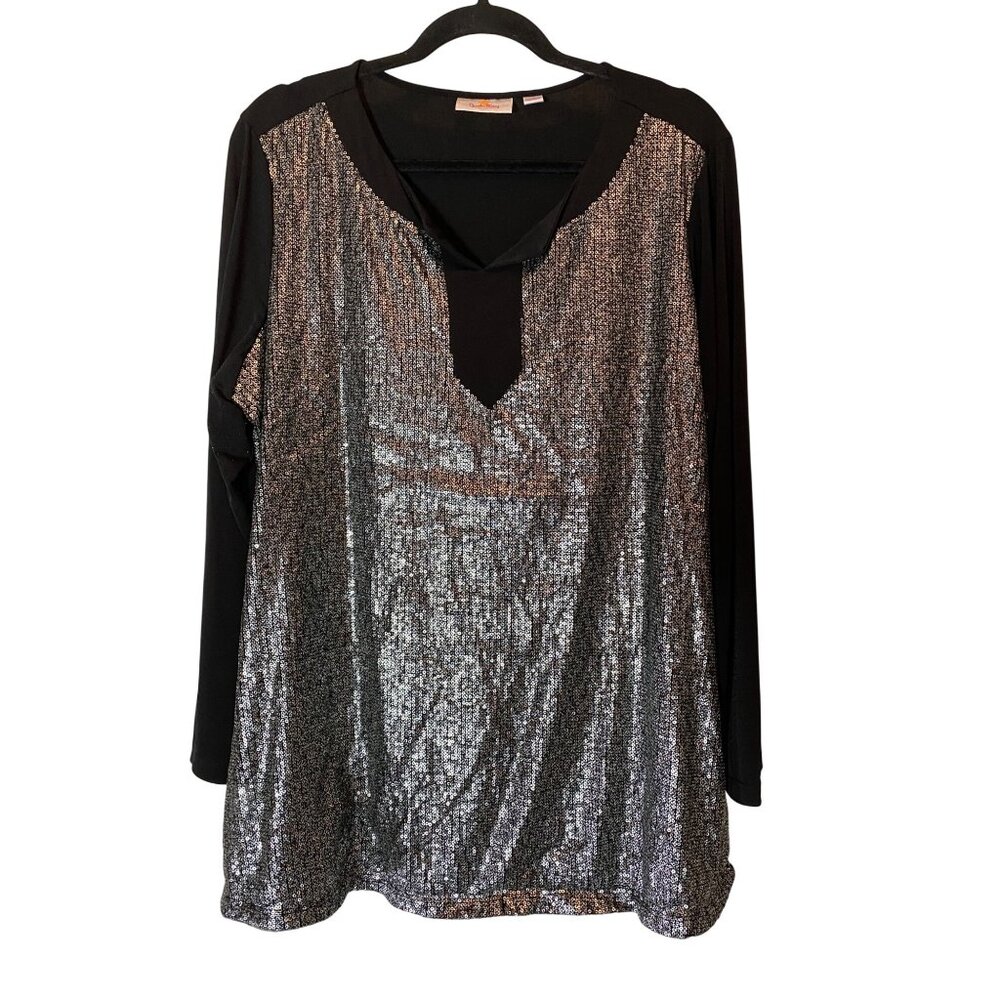 Quacker Factory Black & Silver Sequin Tunic Top Long Sleeve 1X